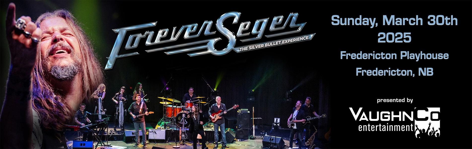 An image of Bob Seger's face on the left with a centered image of the Silver Bullet band. The words Forever Seger in silver lettering along the top middle.