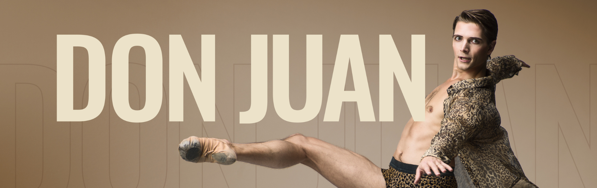 The words, 'Don Juan' in beige block letters over a shaded gold background with a ballerina posing to the right of the words.