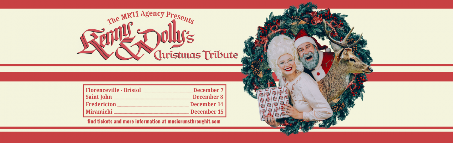 A light yellow background divided by red stripes with an image of Kylie Fox and Josh Bravener dressed up as Dolly & Kenny with a wreath and a reindeer.