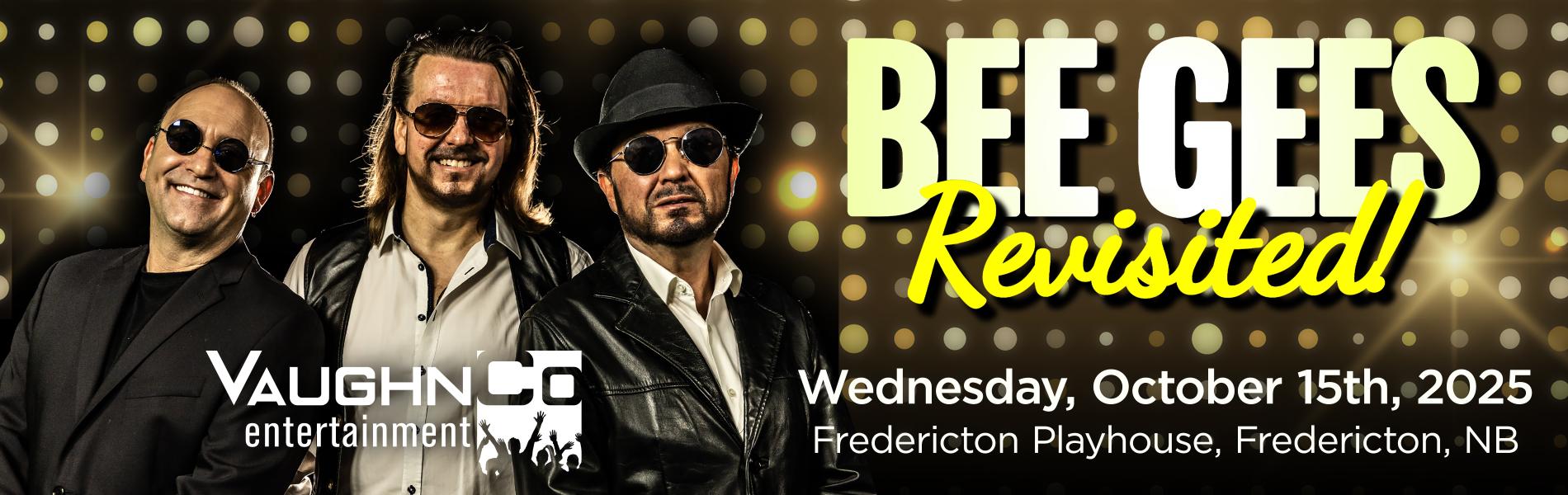 An image of three people impersonating the Bee Gees with the words 'Bee Gees Revisited' in yellow lettering.