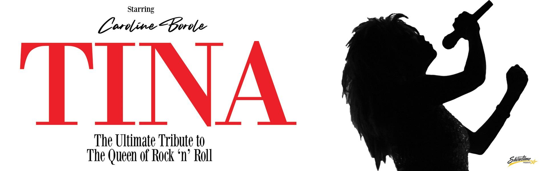 The word Tina in large red text over a white background with a silhouette of a singer on the right side of the image.