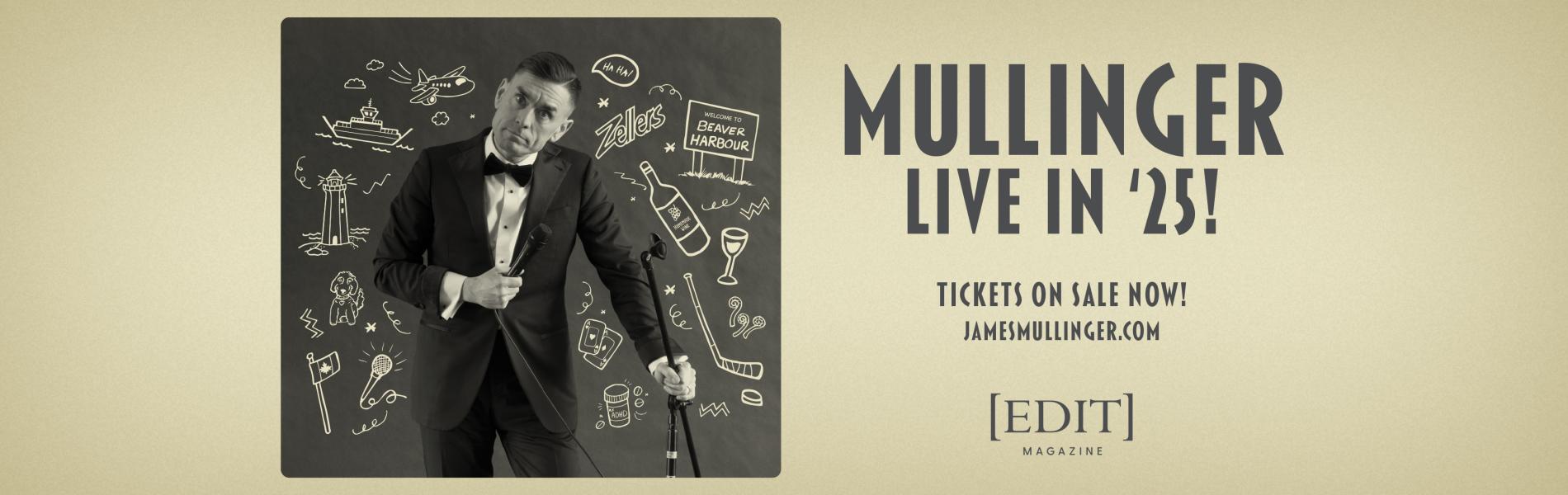 An image of James Mullinger holding a microphone beside the words, 'James Mullinger Live in '25' over a sepia toned background.