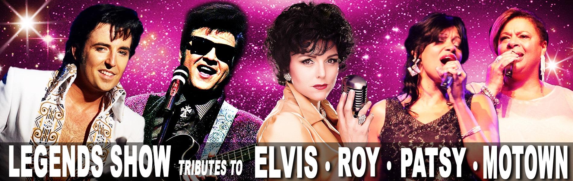 An image of 5 artists singing with a pink and purple background. The words, 'Legends Show Tributes to Elvis, Roy, Patsy, Motown' in white block lettering along the bottom.