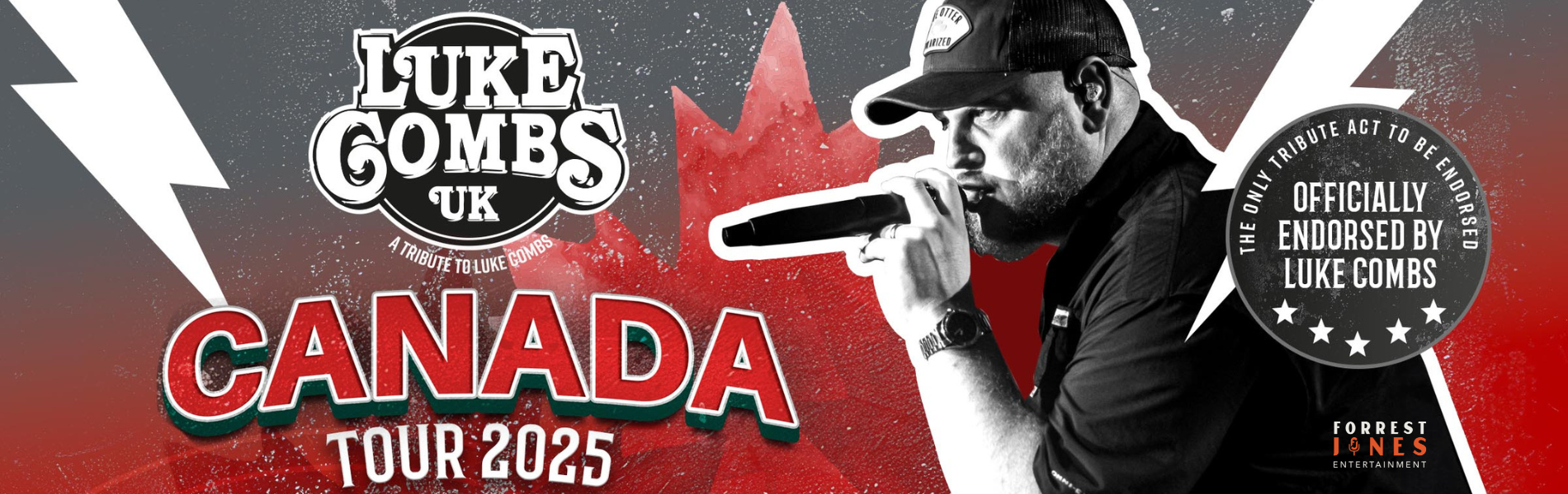 On the right side of the image is an artist singing into a microphone. On the left of the image are the words, 'Luke Combs UK, Canada Tour 2025' in white and red lettering over a grey, white and red background.