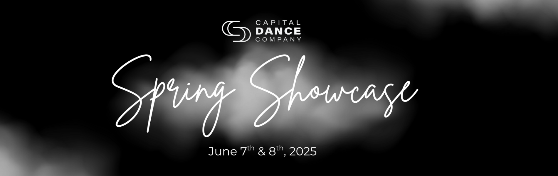 The words, 'Capital Dance Spring Showcase in white lettering over a black and gray background.