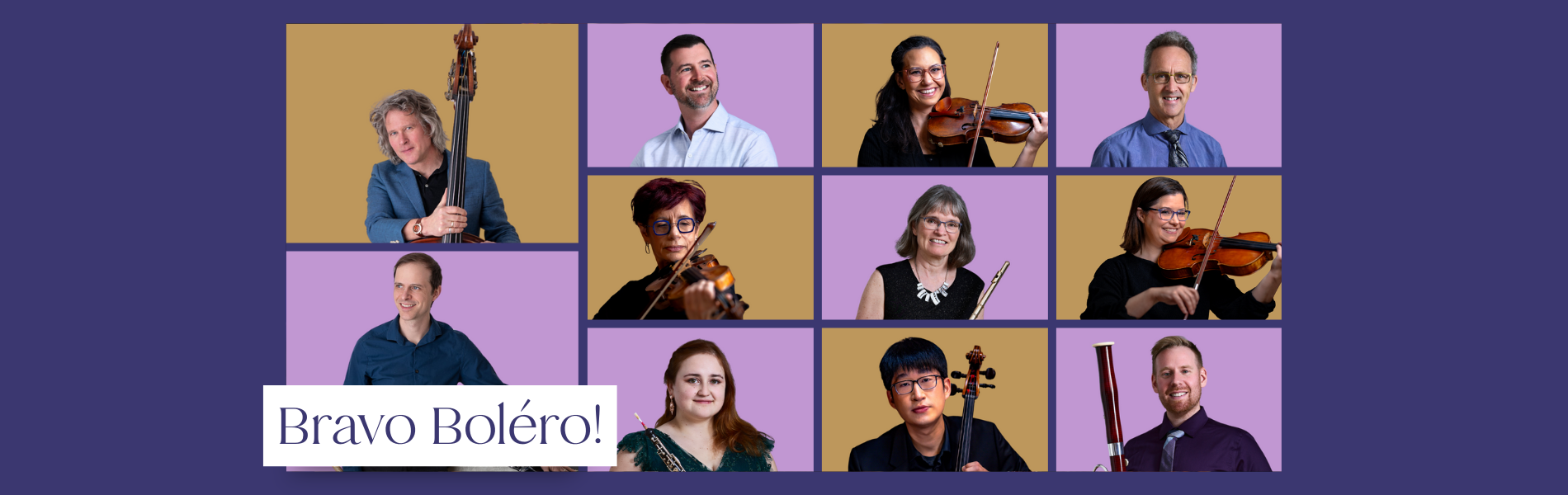 11 musicians in yellow or pink squares.