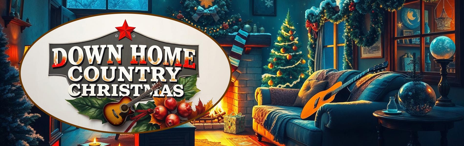 The words, 'Down Home Country Christmas' over the background of a cozy living room decorated for Christmas.