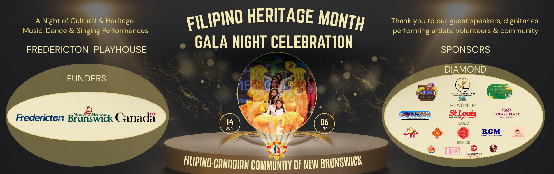 The words, 'Filipino Heritage Month Gala Night Celebration' in light yellow lettering over a dark brown background. Funders and Sponsors are listed. 