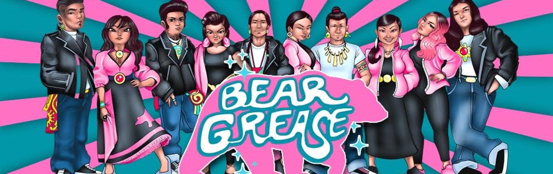 A cartoon drawing of the Indigenous Greasers and Pink Ladies in Bear Grease. The background is pink and blue striped, and the logo of a polar bear with the words Bear Grease is in front.