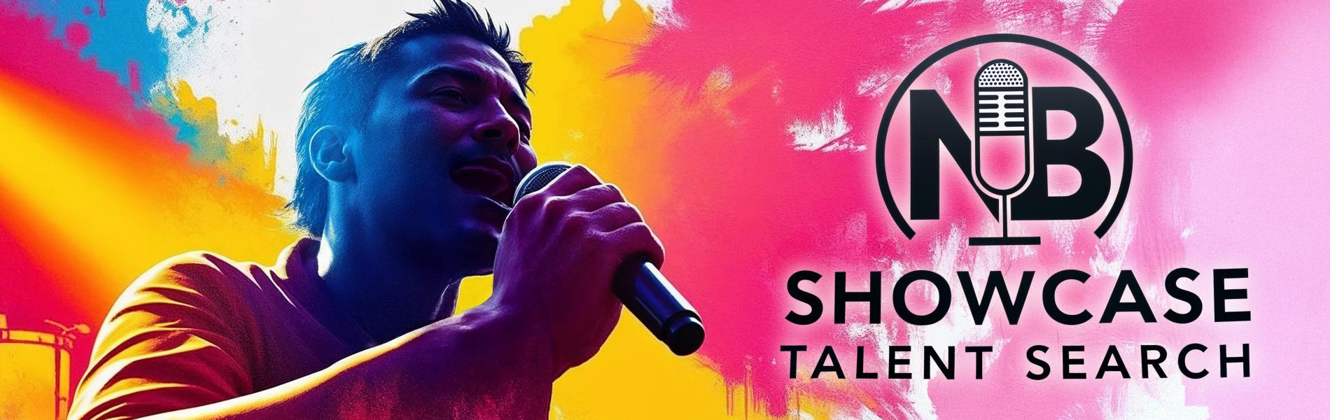 A bright multi-coloured image of a person singing into a microphone. The words, 'NB Showcase Talent Search' to the right of the image.