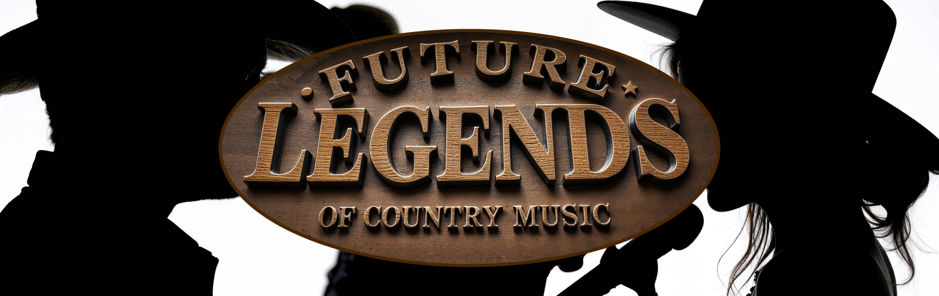 A silhouette on the left and on the right of the words, 'Future Legends of Country Music' over a white background.