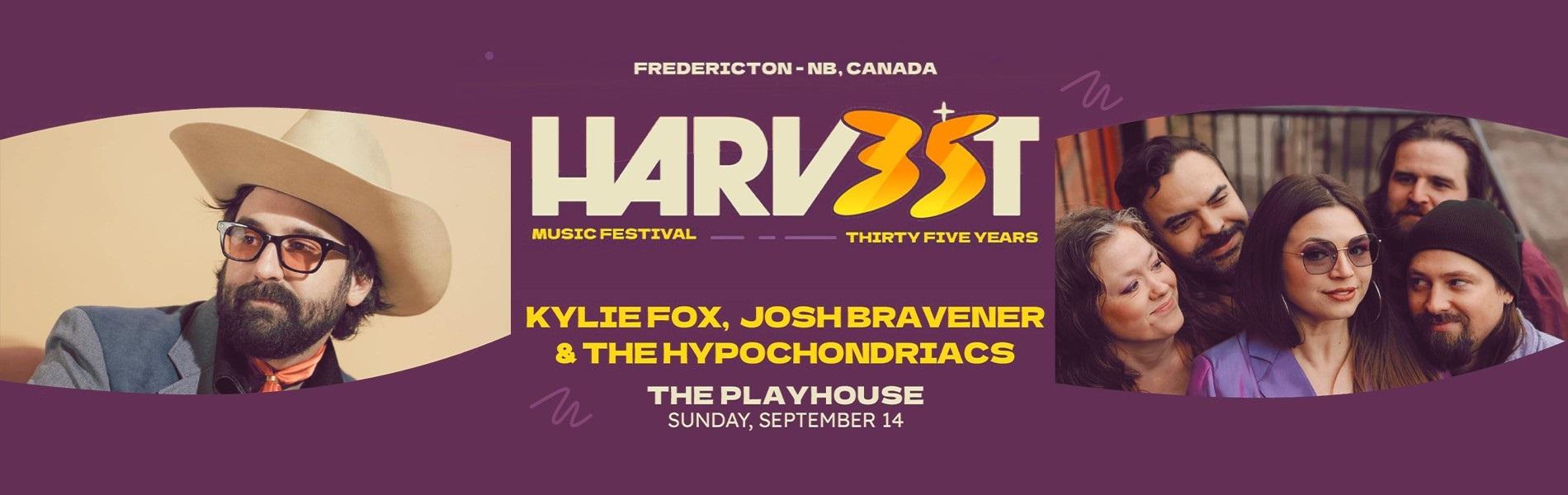 The words, 'Harvest Must Festival, 35 Years, Kylie Fox, Josh Bravener & The Hypochondriacs' in yellow lettering in the center of the image. A picture of Josh Bravener to the left of the words and an image of the Hypochondriacs with Kylie to the right. 
