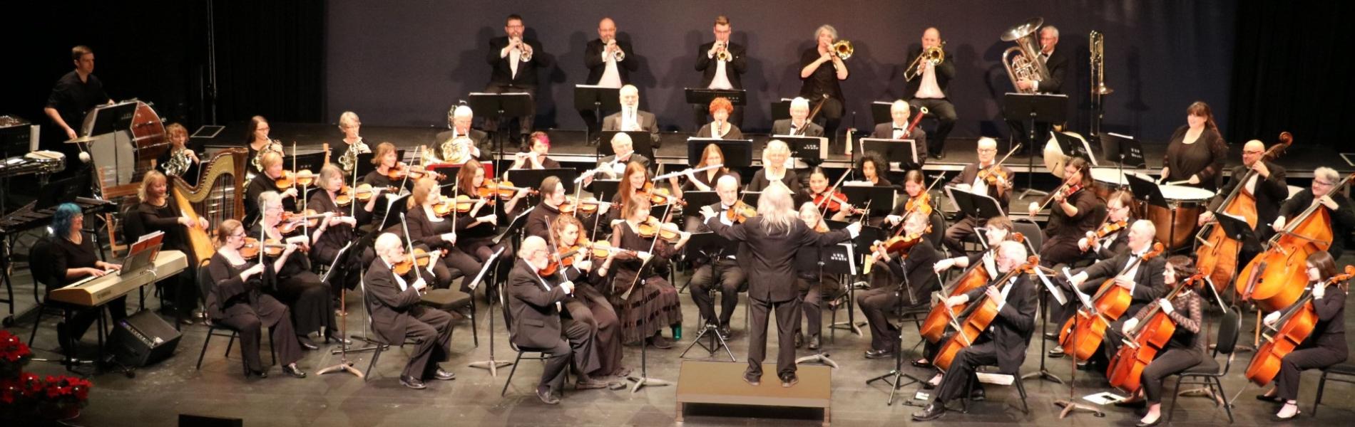 An image of the Fredericton Symphony Orchestra on stage with their instruments.