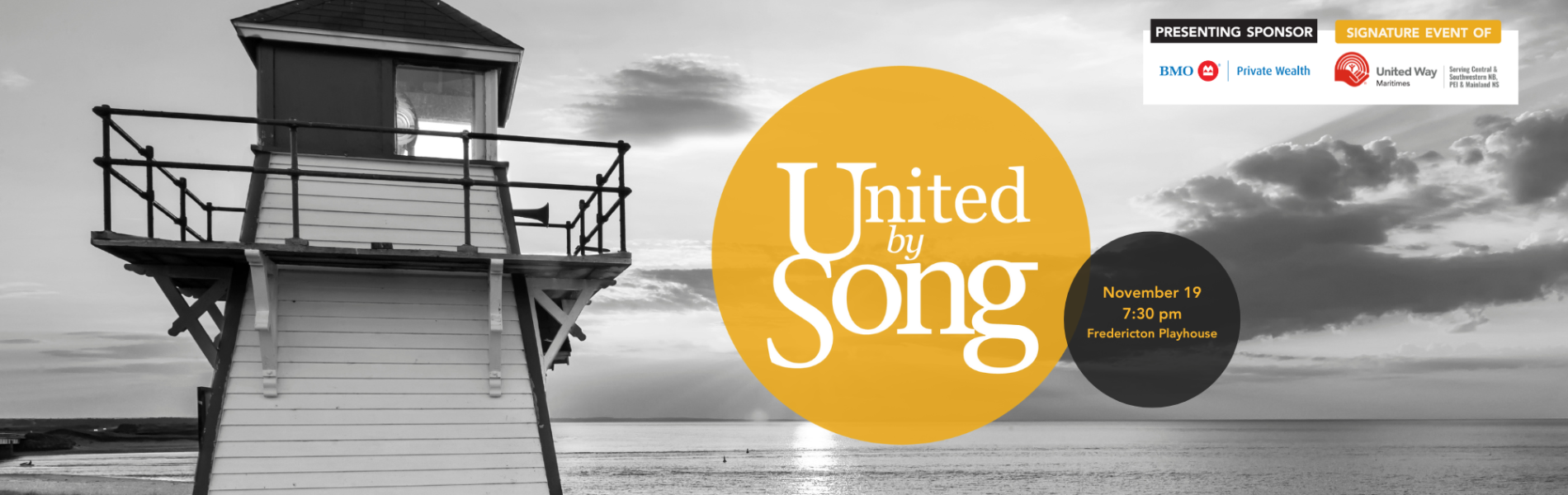 A black and white image of a lighthouse with a dappled cloudy sky and water in the background. A yellow circle in the center says, 'United By Song.'