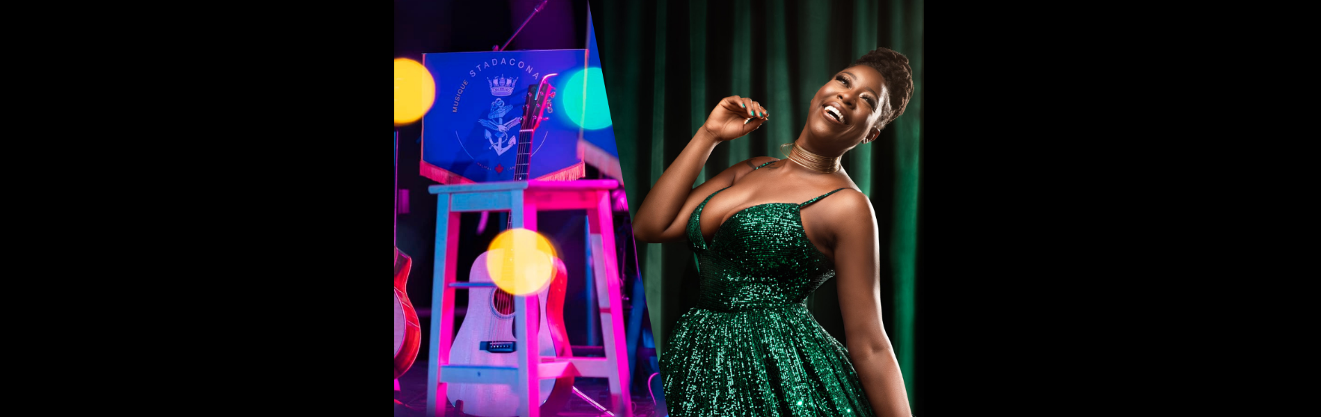 An image of Jah'Mila and a guitar, a stool and the Stadacona emblem. 