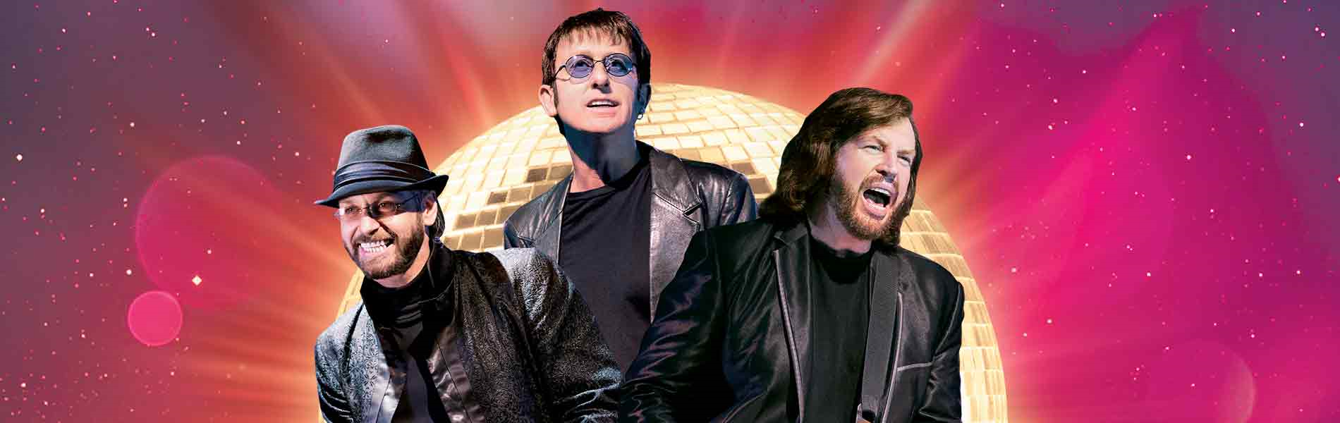 An image of 3 people dressed up as the Bee Gees over golden disco ball and a pink and purple background.