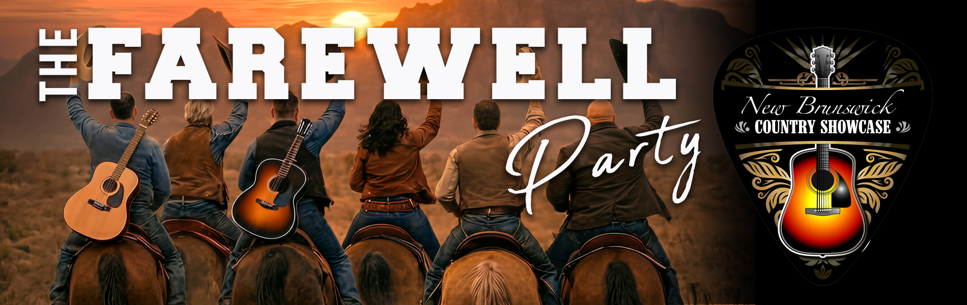 An image of 6 people riding horses off into the sunset with guitars on their backs. The words, 'The Farewell Party' in white lettering. 