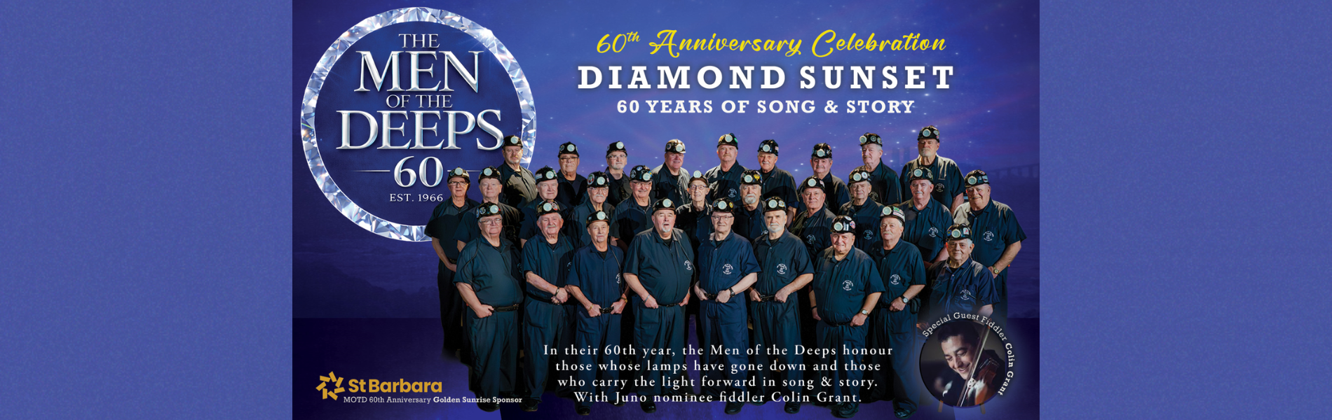 An image of a large group of people in miner hats, dressed in dark blue. The words, 'Men of the Deeps 60th Anniversary' are above the image.