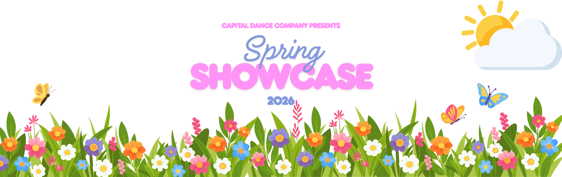 A bright Spring illustration with colourful flowers. The words, 'Capital Dance Company Spring Showcase' in pale pink and purple bubble letters.