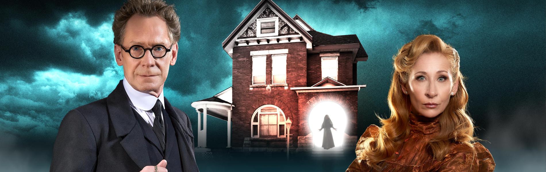 Two paranormal investigators stand in front of an old house