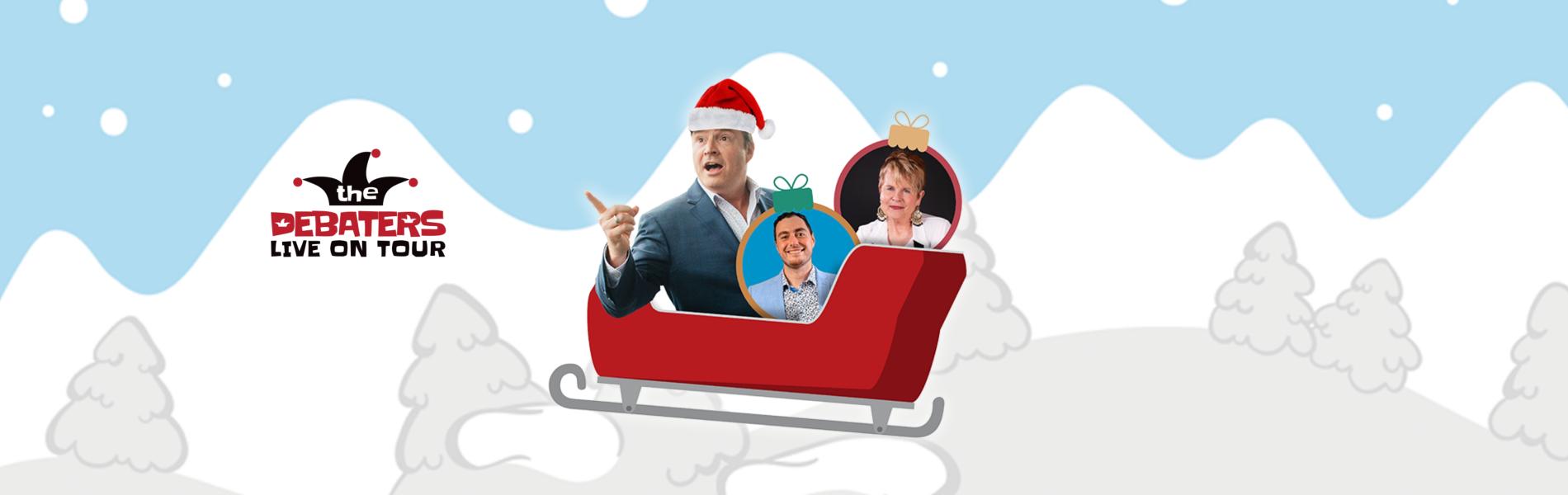 A Christmas sled flies over a mountain range, filled with members of The Debaters.