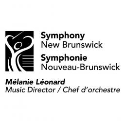 Logo with the words Symphony New Brunswick - Symphonie N-B. Music Director/chef d'orchestre Mélanie Léonard