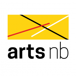 The arts nb logo is featured with simple black text and a yellow rectangle with coloured lines running through it.